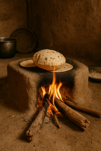 Traditional Punjabi clay chulha burning with wood and cow dung cakes, used for cooking rotis and slow-cooked curries in rural kitchens