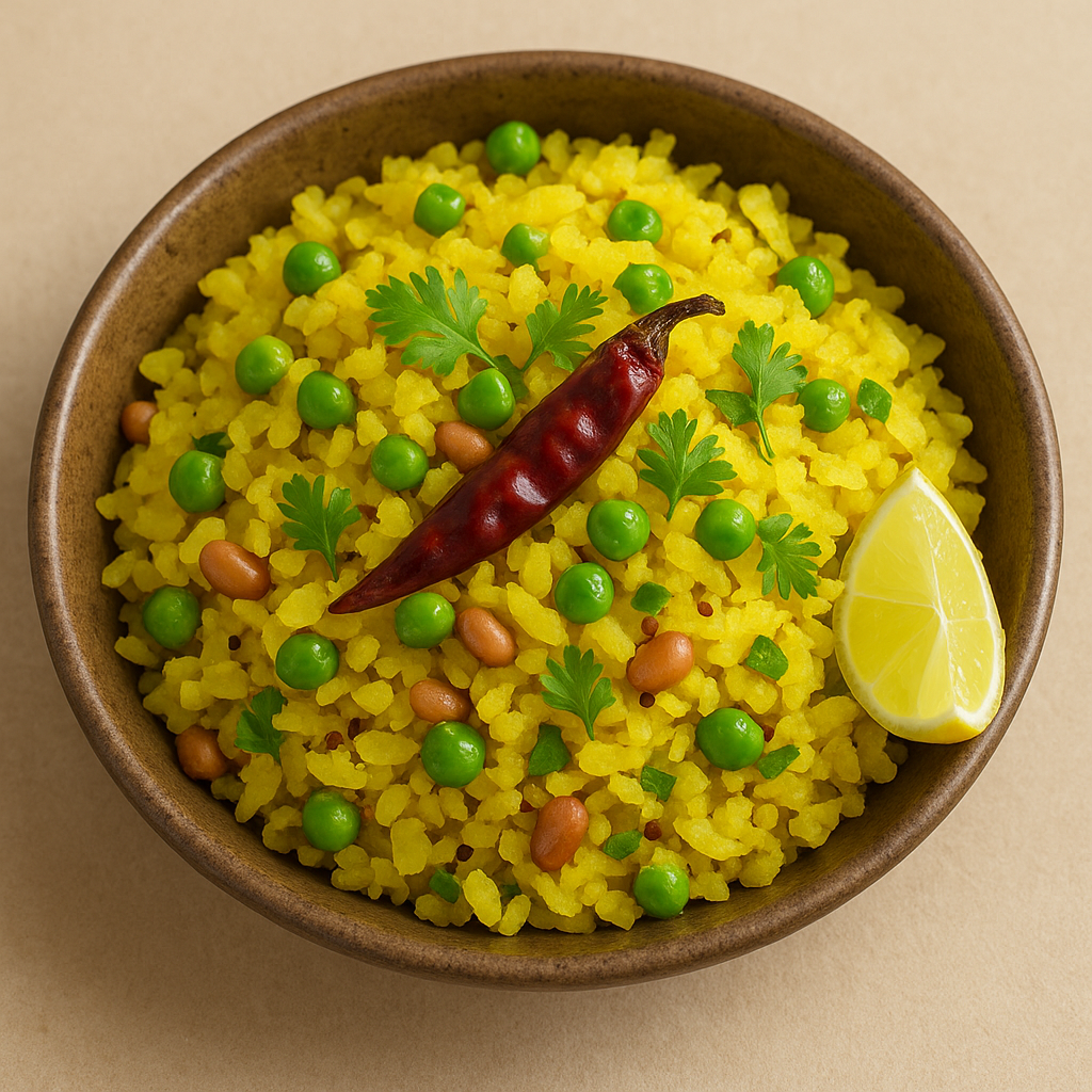 Delicious Indori poha garnished with fresh coriander, sev, and a slice of lemon, served in a traditional bowl