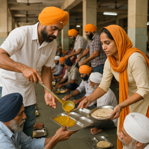Devotees seated in rows inside a Gurdwara Langar Hall being served a traditional vegetarian meal by volunteers with devotion and equality.