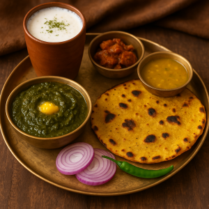 Traditional Punjabi winter platter of makki di roti with sarson da saag, served with white butter, jaggery, green chilli, and a tall glass of lassi.