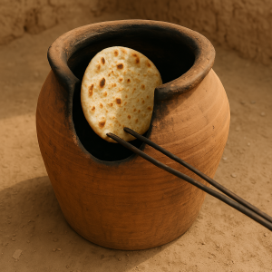 Whole wheat rotis being traditionally cooked inside a clay tandoor, puffing with heat and char marks forming on the surface