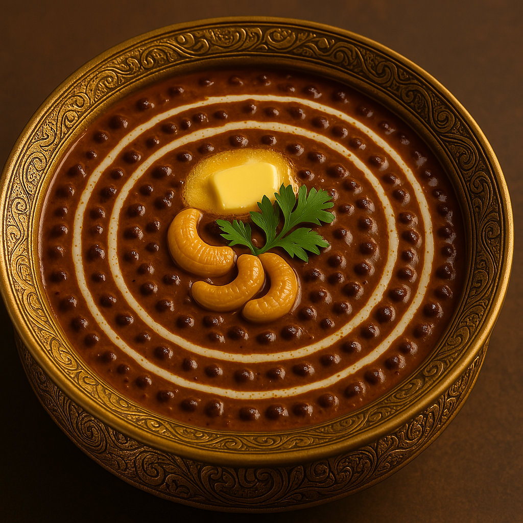 Royal Dal Makhni in copper handi topped with white butter and cashew Nut