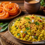 Indori Poha with Jalebi served on a table, featuring yellow poha topped with sev, roasted peanuts, coriander and lemon