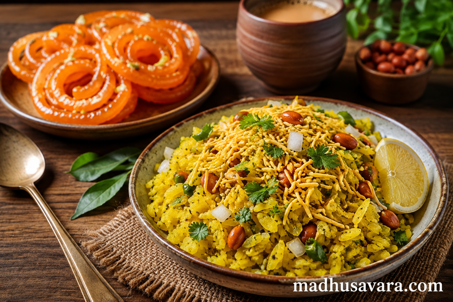 Indori Poha with Jalebi served on a table, featuring yellow poha topped with sev, roasted peanuts, coriander and lemon