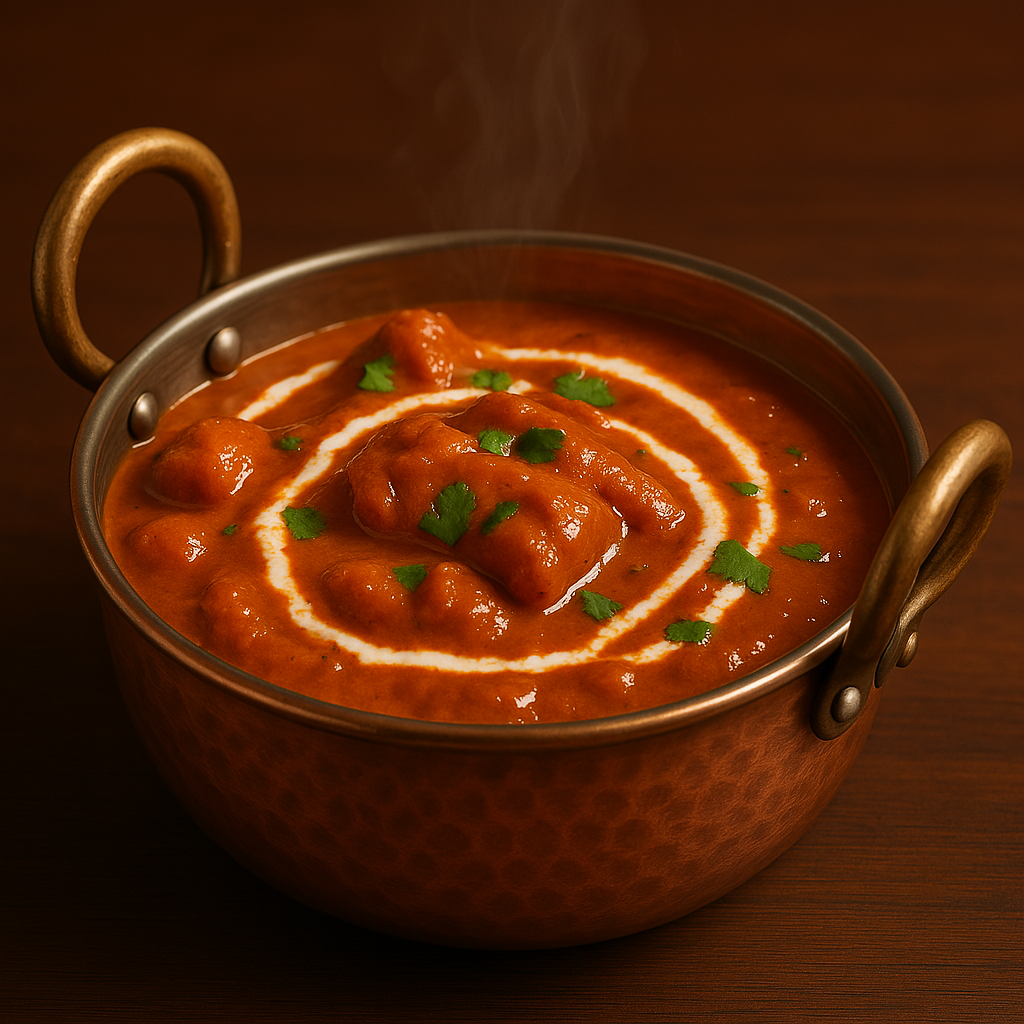 Karahi Butter Chicken in copper kadai with cream swirl