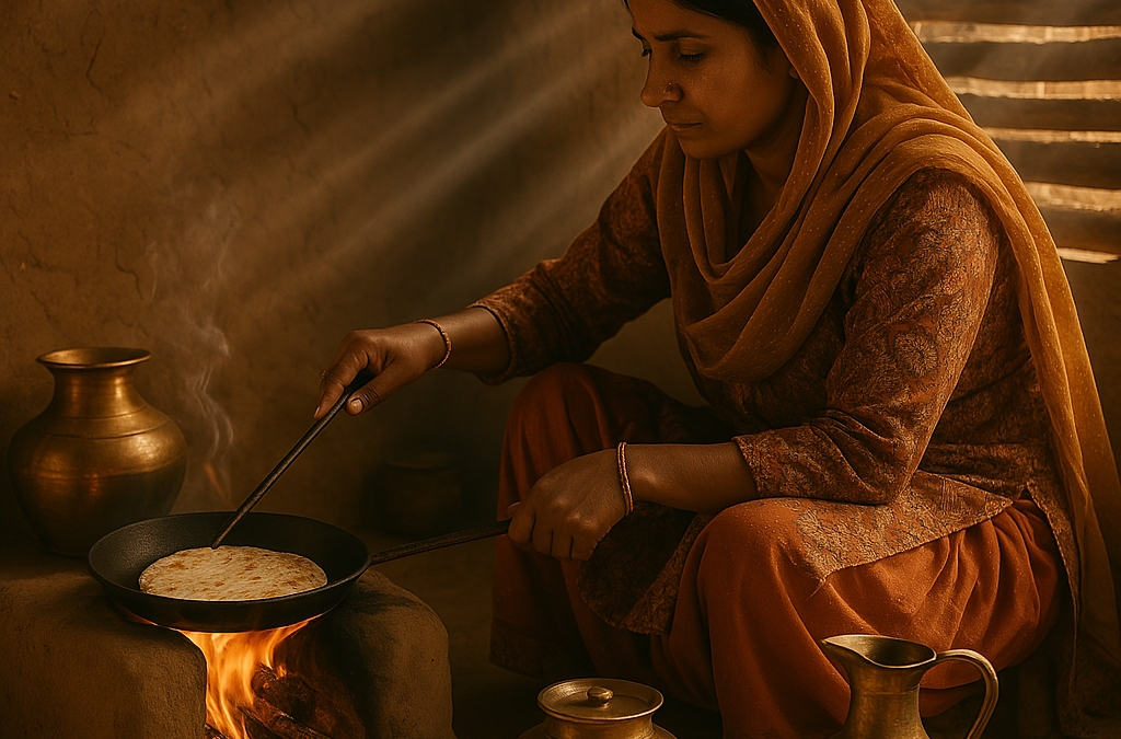 Traditional Punjabi woman cooking breakfast over a village chulha with brass utensils beside her.