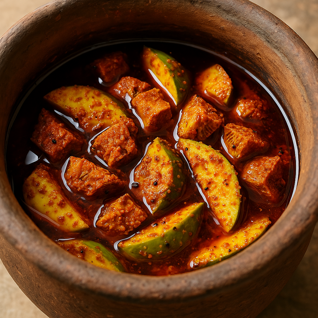 Mango and wild jackfruit pickle fermenting in mustard oil