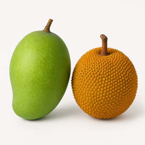 Raw mangoes and monkey jackfruit arranged on a rustic wooden surface, highlighting their natural texture and color.