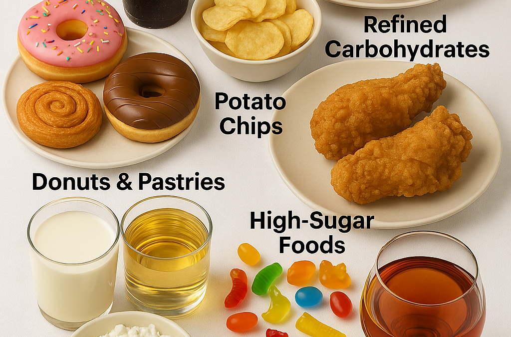 Grid of 10 foods to avoid after 50 including alcohol, sugary drinks, processed meats, and fried foods with MadhuSavara watermark