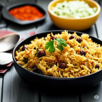 High-Protein Millet and Black Chickpea Biryani Recipe | Healthy Indian Biryani 1 Steaming Kale Chaney Biryani with distinct black chickpeas, fluffy rice, and fresh coriander, served with vegan raita.
