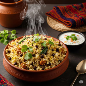 A beautifully styled hero shot of High-Protein Millet & Black Chickpea Biryani, steaming, garnished with fresh green coriander. A small white bowl of cooling cucumber mint raita is beside it. The biryani shows vibrant colors from turmeric and spices, and distinct fluffy millet and black chickpeas against a rustic wooden Indian backdrop.