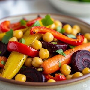 Zesty Chickpea and Roasted Vegetable Salad in a bowl