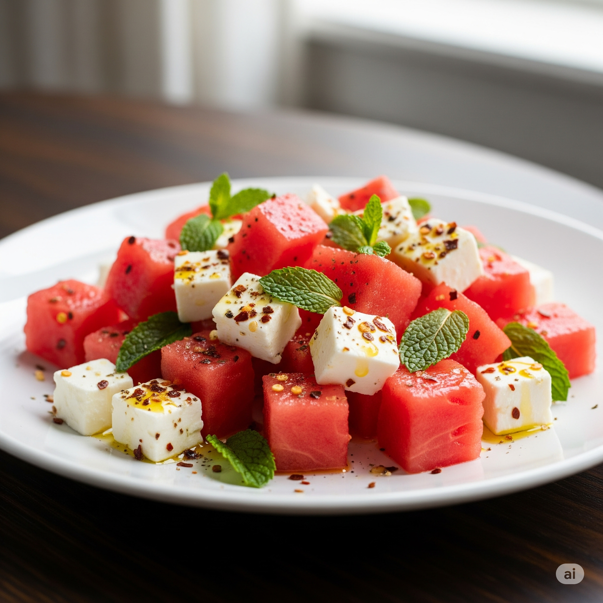 Spiced watermelon and feta salad served on a table.
