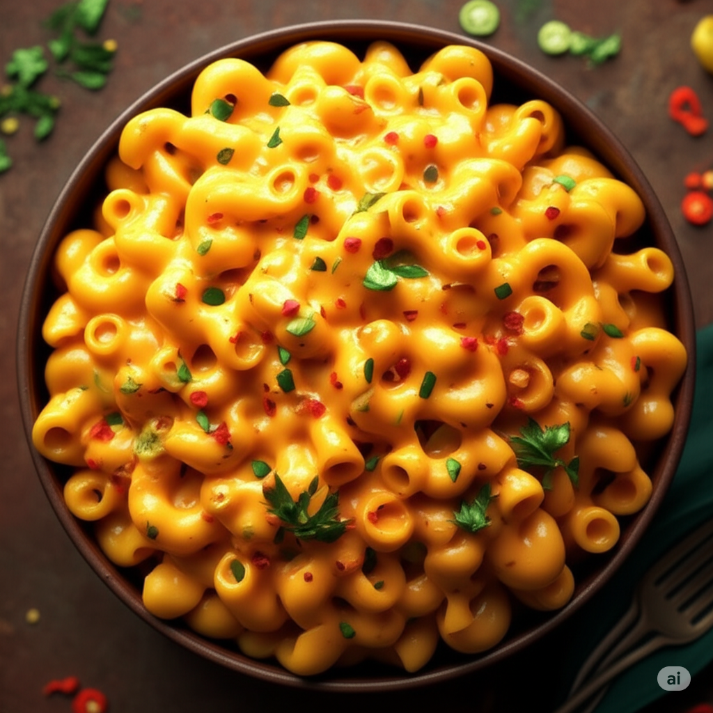 Madhu Savara's Spicy Masala Mac and Cheese Delight, showcasing creamy yellow-orange cheese sauce, red chili flakes, and green herbs