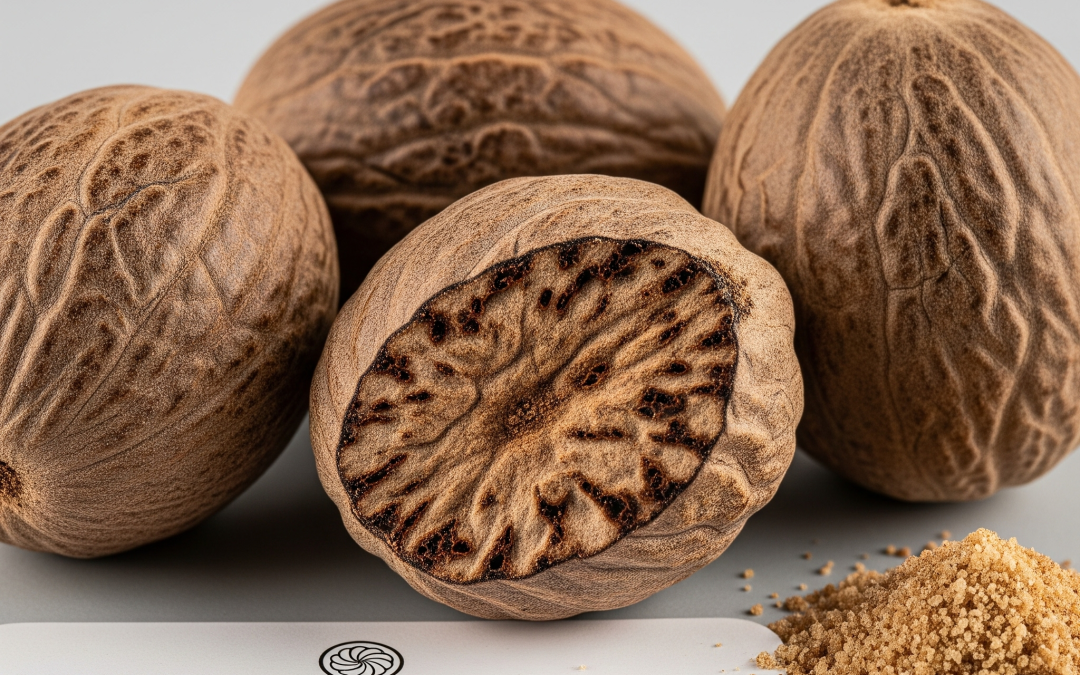 Close-up of three whole nutmegs with madhusavara.com text below.