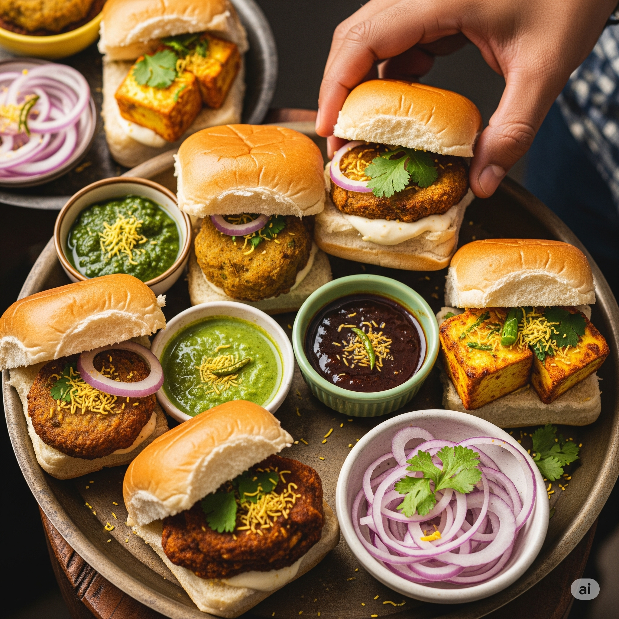 A colorful platter of Indian Pav Sliders with toasted buns, a crispy aloo tikki filling, and bowls of green and tamarind chutneys on a rustic wooden board.