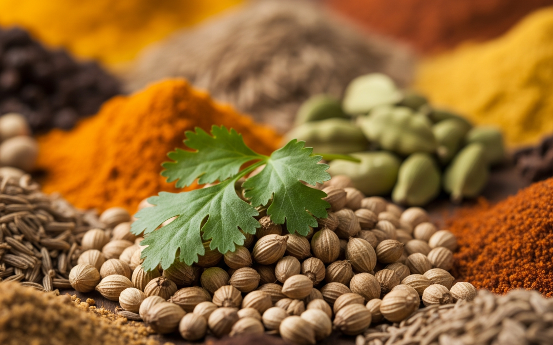 Close-up of Indian spices, featuring coriander, turmeric, cumin, and cardamom.