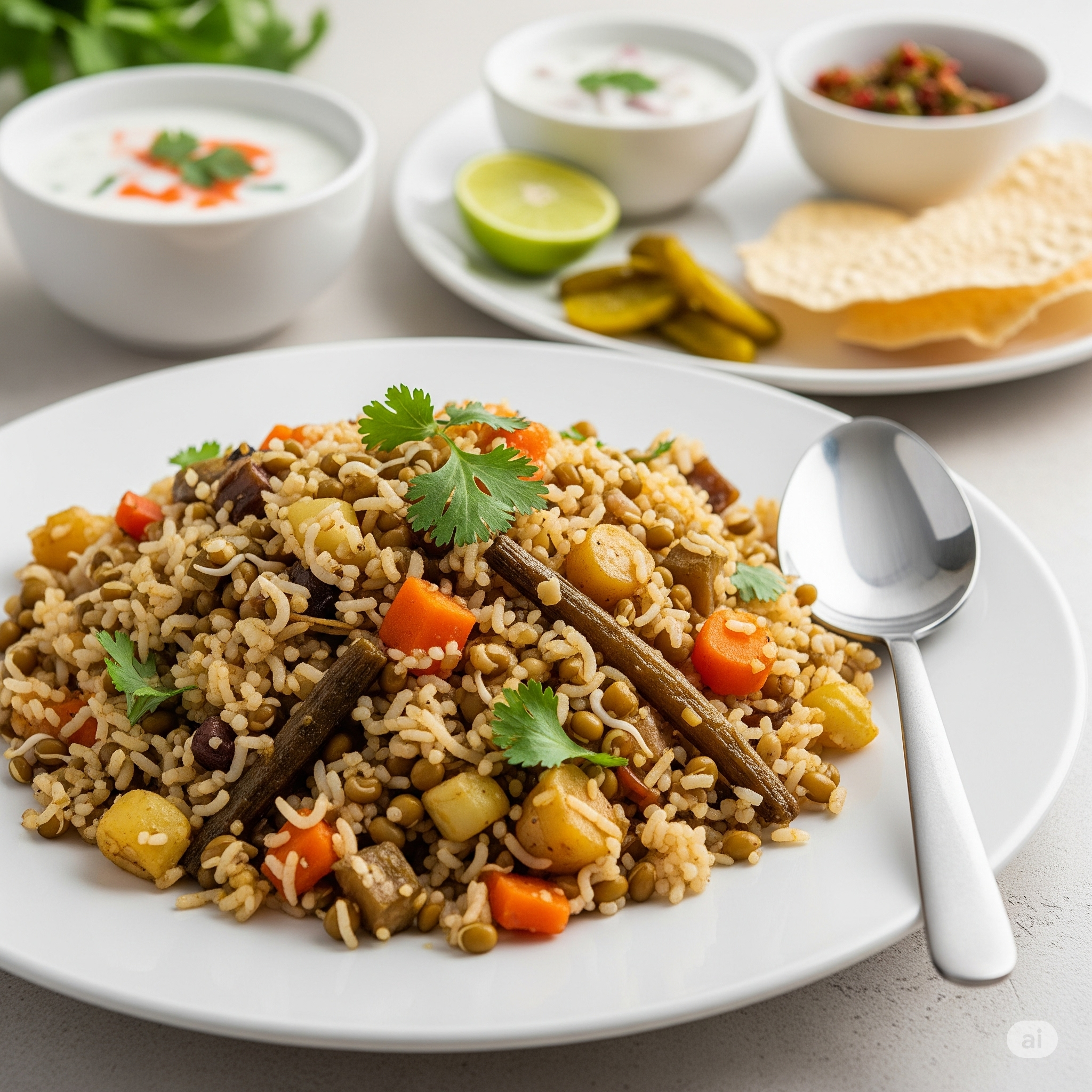 Root Vegetable & Sprouted Moong Pulao, a wholesome one-pot meal with roots, sprouts, and lime, served on a white plate with raita and spoon.