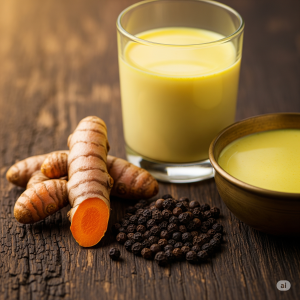 Fresh turmeric root, black peppercorns, and a steaming glass of golden milk (Haldi Doodh) in a rustic bowl on a dark wooden surface.