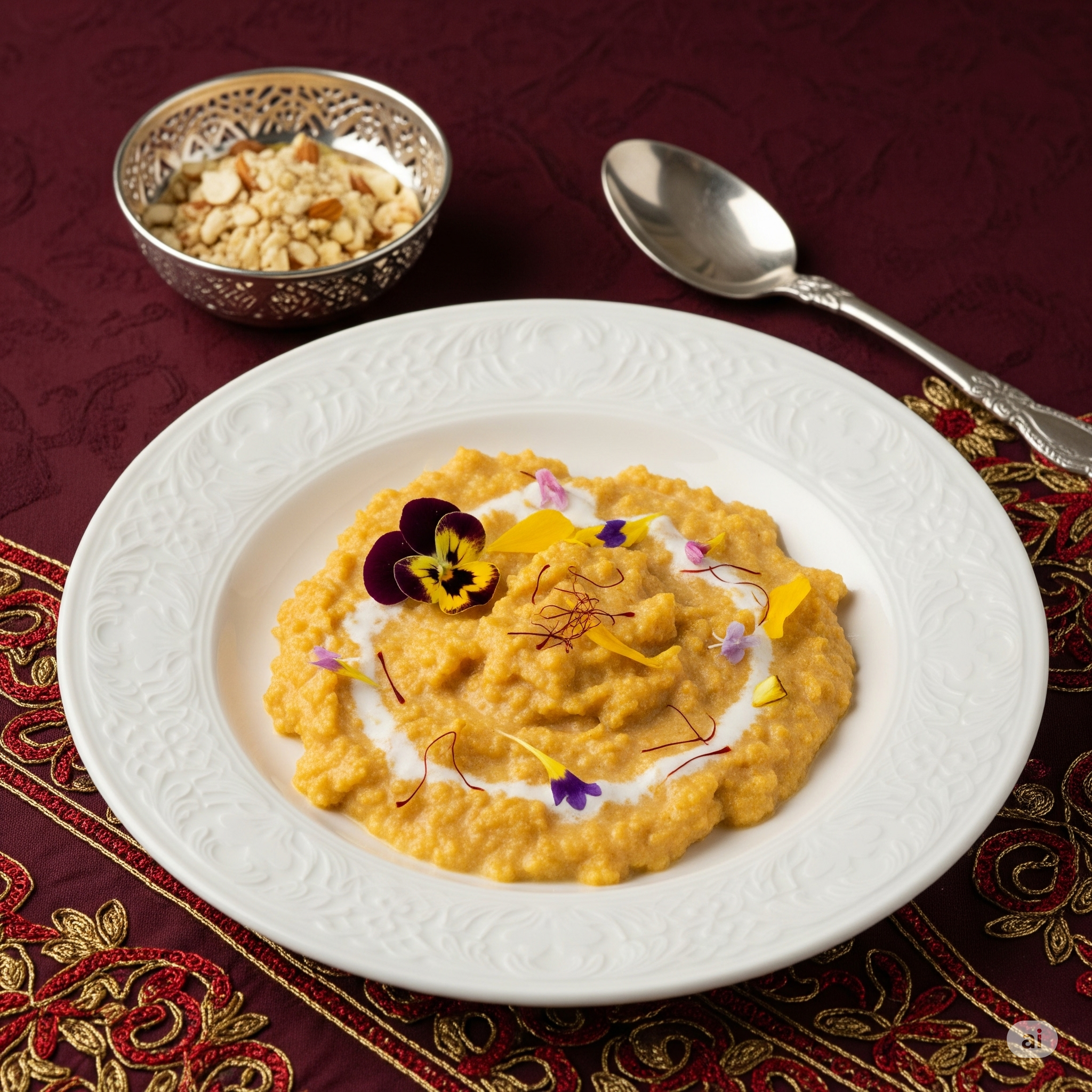 Creamy Benami Kheer, a Royal Indian Dessert from Madhu Savara, garnished with edible flowers and saffron threads, served elegantly on a white plate with chopped nuts in a silver bowl.