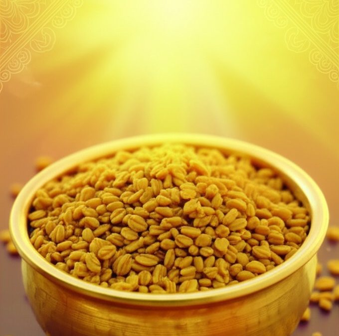 Golden bowl filled with fenugreek seeds (methi dana) placed on a bright background with traditional Indian motifs, highlighting Madhu Savara’s spice blog.