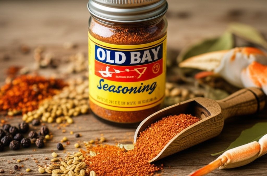 3D jar of Old Bay Seasoning surrounded by spices and seafood on wooden table – by Madhu Savara