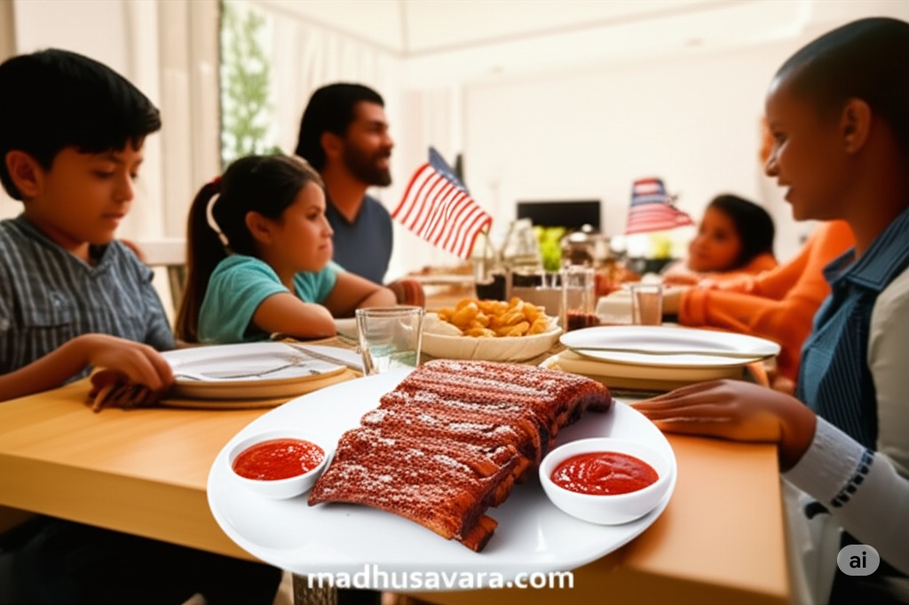 A rack of glistening barbecue ribs sits on a white plate with two small bowls of bright red ketchup.