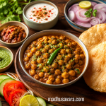 No onion, no garlic chole served in a rustic bowl with puffed pooris, green chutney, pickle, raita, fresh salad, and lemon on a wooden table,