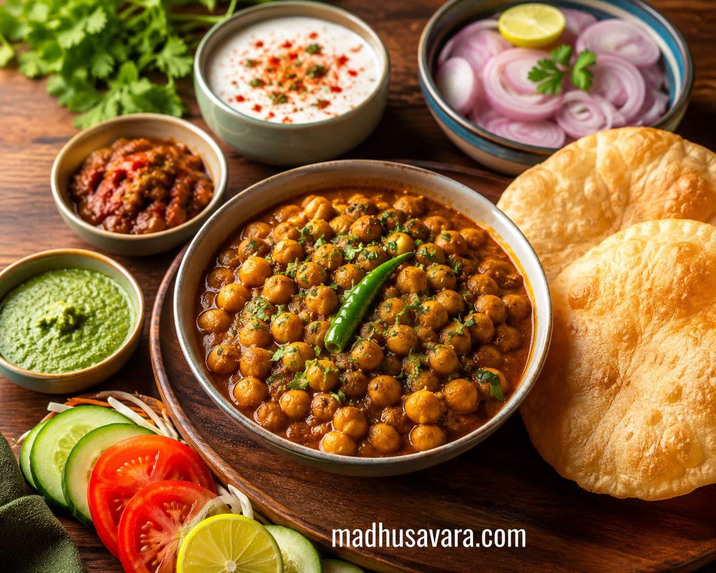 No onion, no garlic chole served in a rustic bowl with puffed pooris, green chutney, pickle, raita, fresh salad, and lemon on a wooden table,