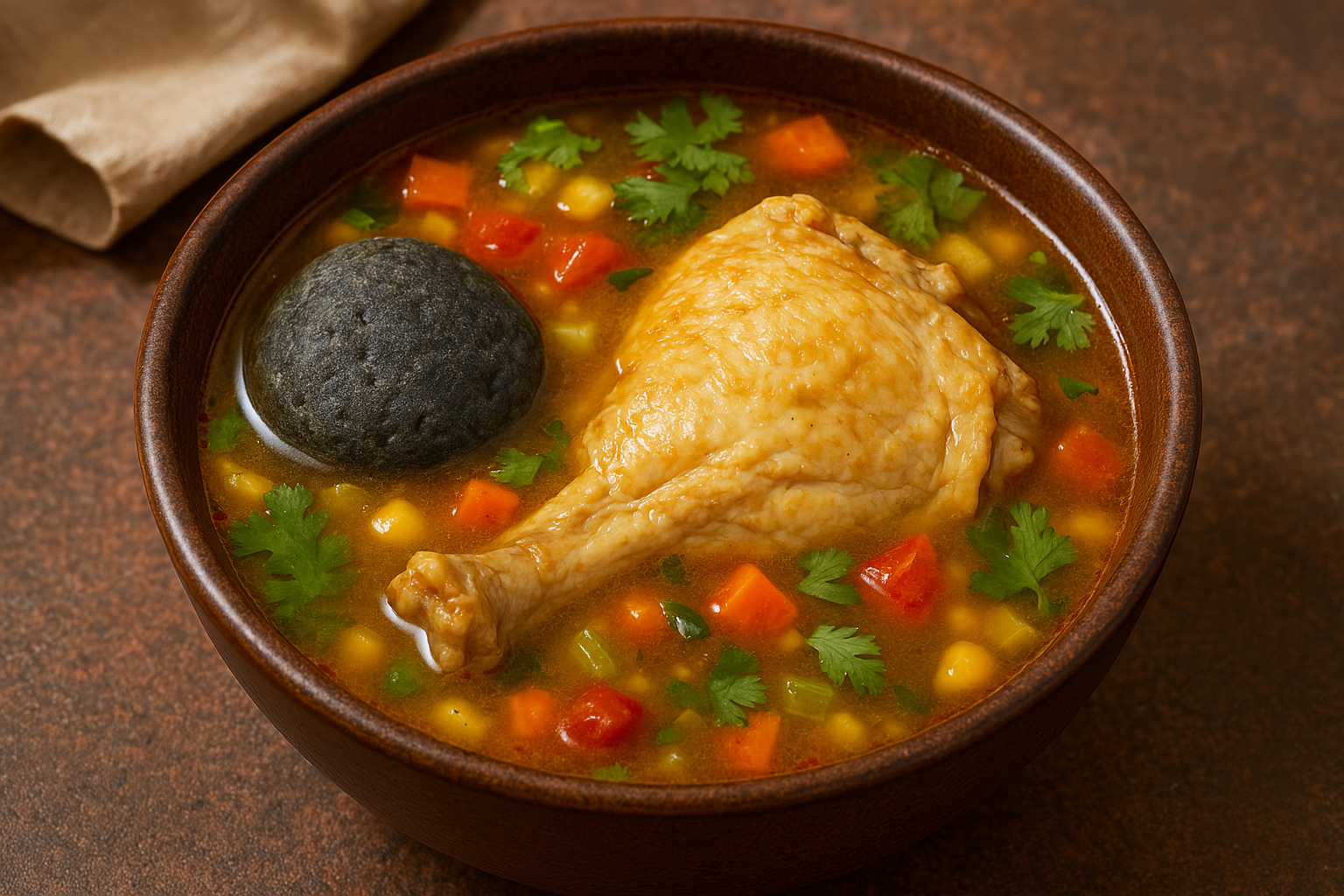 Traditional Mexican chicken stone soup in a clay pot with vegetables and lime