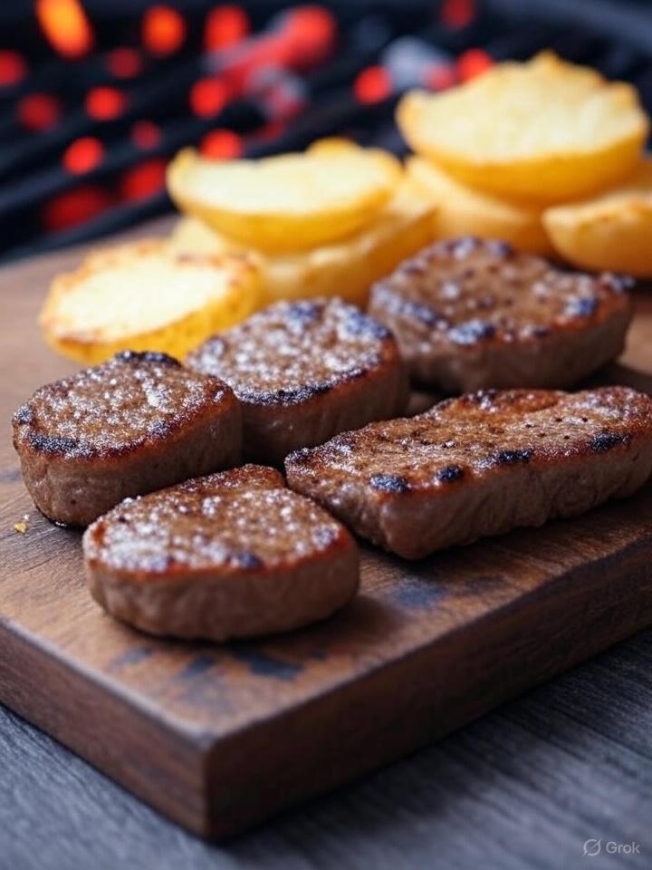 A wooden board with several grilled meat patties and golden potato slices, placed in front of a glowing barbecue grill with visible coals.