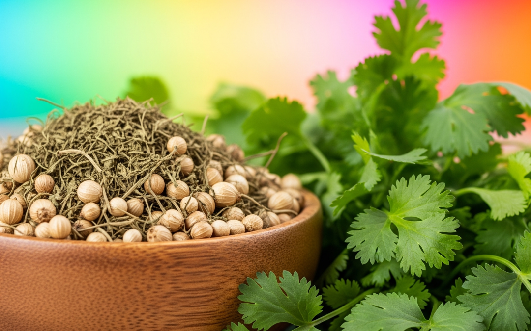 Green coriander leaves and dry coriander seeds placed in same bowls on a rustic Indian kitchen background