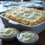 image of Neiman Marcus Chicken Casserole with creamy dips, served on a wooden table, featuring a realistic,