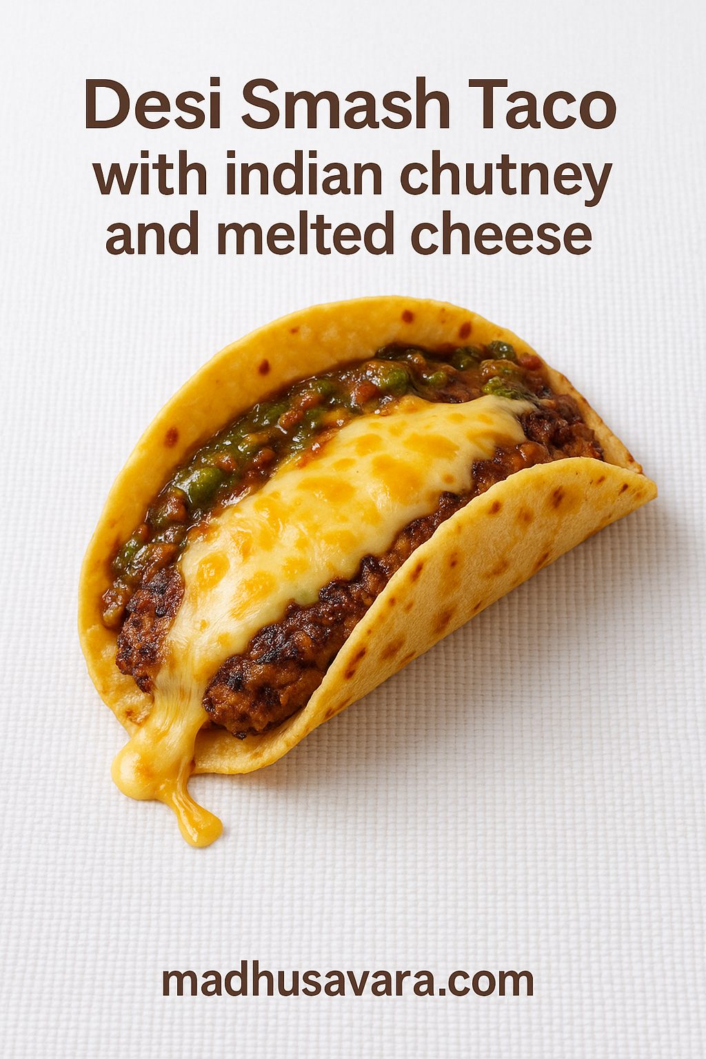 A folded Desi Smash Taco filled with spicy indian chutney and melted cheese.