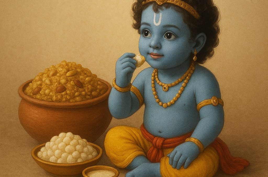 3D realistic image of Lord Krishna holding a flute, adorned with peacock feathers, surrounded by devotees and temple lights, celebrating Janmashtami with devotion.