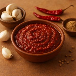 a bowl of red sauce with garlic and spices