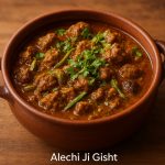 Alechi Ji Gisht – authentic Sindhi mutton curry without onion, tomato or dahi, cooked with cardamom and coriander in a rustic handi.