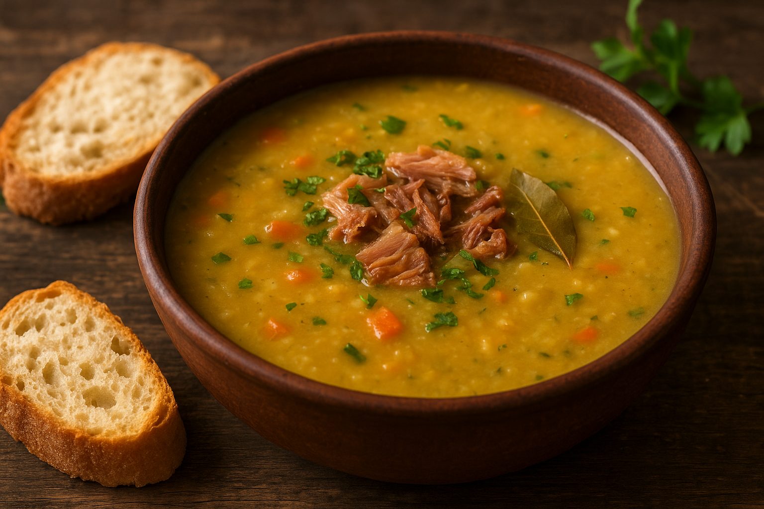 Rustic bowl of Canadian Pea Soup with Salt Pork served with bread
