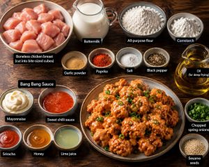 ingredient layout for Bang Bang Chicken Bites featuring boneless chicken breast, buttermilk, flour, cornstarch, garlic powder, paprika, salt, black pepper, mayonnaise, sweet chilli sauce, sriracha, honey, lime juice, spring onions, sesame seeds, and a finished plate of crispy chicken bites.
