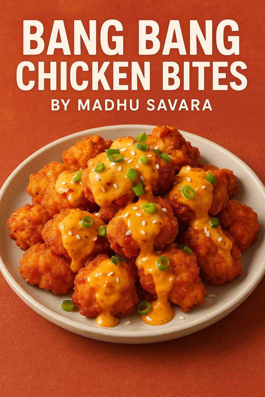 Crispy Bang Bang Chicken Bites by Madhu Savara served on a white plate, topped with creamy orange Bang Bang sauce, green onions, and sesame seeds against a warm orange background.