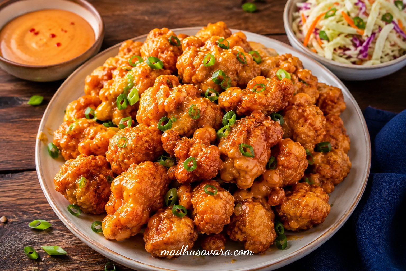 Crispy Bang Bang Chicken Bites coated in a creamy sweet and spicy sauce, garnished with fresh spring onions and served with coleslaw and dipping sauce on a rustic wooden table.