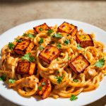 creamy paneer tikka pasta bake on a white plate, featuring golden-brown grilled paneer cubes atop swirls of fusilli coated in a rich, spiced orange tikka sauce, garnished with fresh green coriander leaves, set on a light wooden table
