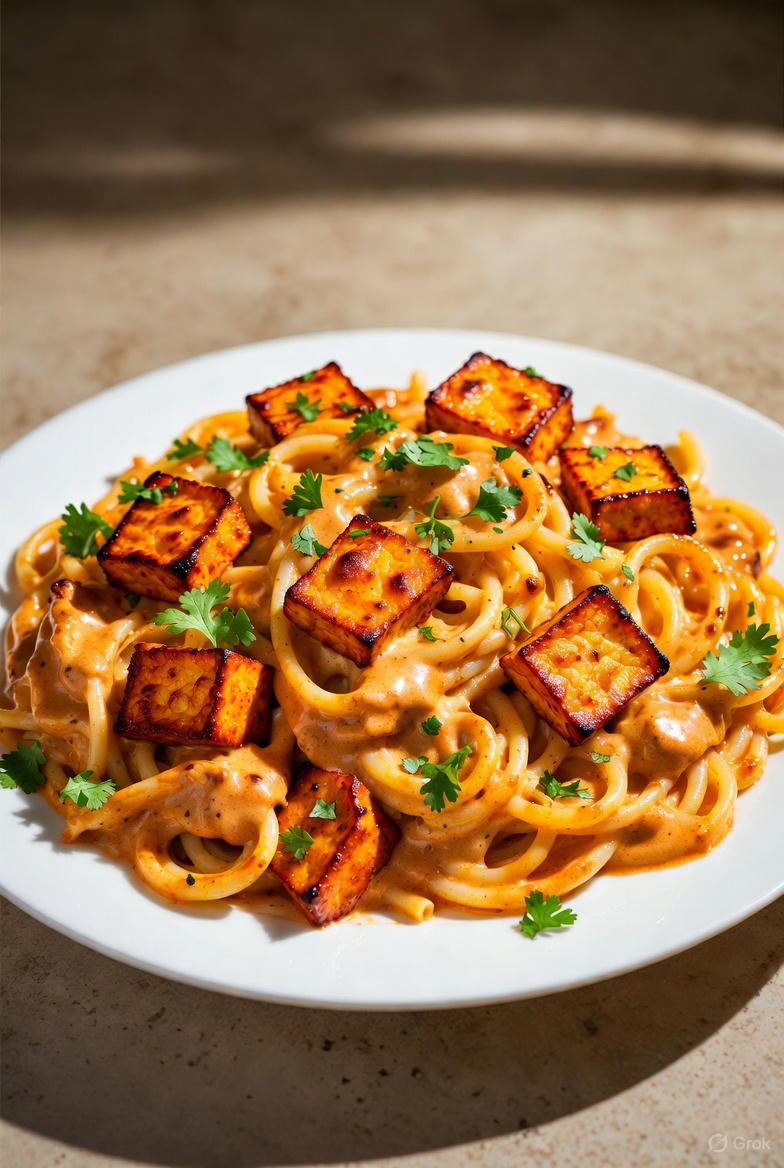 creamy paneer tikka pasta bake on a white plate, featuring golden-brown grilled paneer cubes atop swirls of fusilli coated in a rich, spiced orange tikka sauce, garnished with fresh green coriander leaves, set on a light wooden table