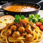 Madhu Savara’s Creamy Butter Chicken Pasta served with garlic bread and rich buttery tomato sauce – a viral Indo-Italian fusion dish trending across America, featuring tender chicken and creamy pasta.