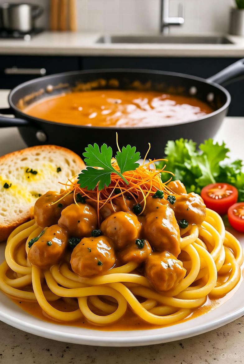 Madhu Savara’s Creamy Butter Chicken Pasta served with garlic bread and rich buttery tomato sauce – a viral Indo-Italian fusion dish trending across America, featuring tender chicken and creamy pasta.