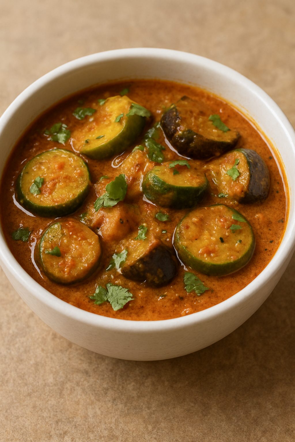 A realistic 3D-style image of vibrant Kamal Kakdi ki Sabzi served in a white bowl on a tabletop, featuring bright colors and rich Indian curry texture.
