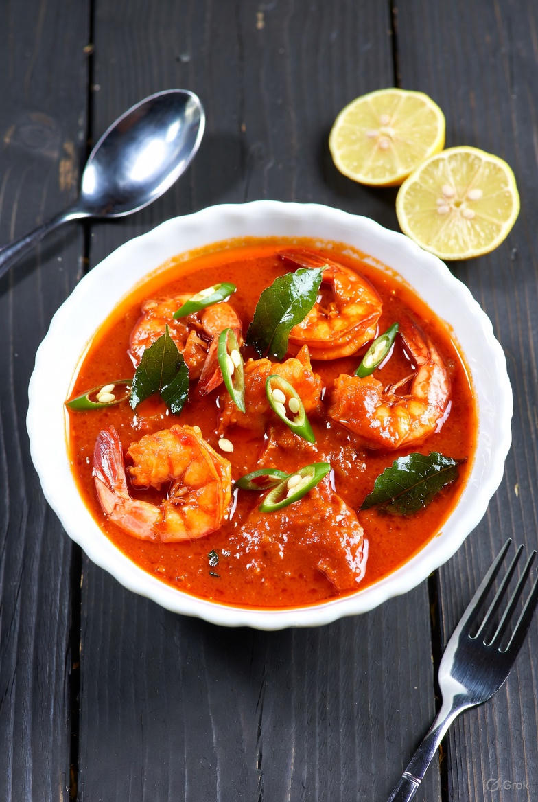 A vibrant bowl of Malabar prawn curry featuring large succulent shrimp in a rich orange-red coconut-based gravy, garnished with fresh cilantro and lemon slices, served in a white bowl on a rustic table with spoon, knife, fork, and warm candlelight in the background.