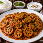 Authentic Kashmiri Nadru served in a white ceramic plate with vibrant golden gravy, tender lotus stem pieces, traditional Kashmiri spices, steamed basmati rice and fresh accompaniments on a rustic wooden table.