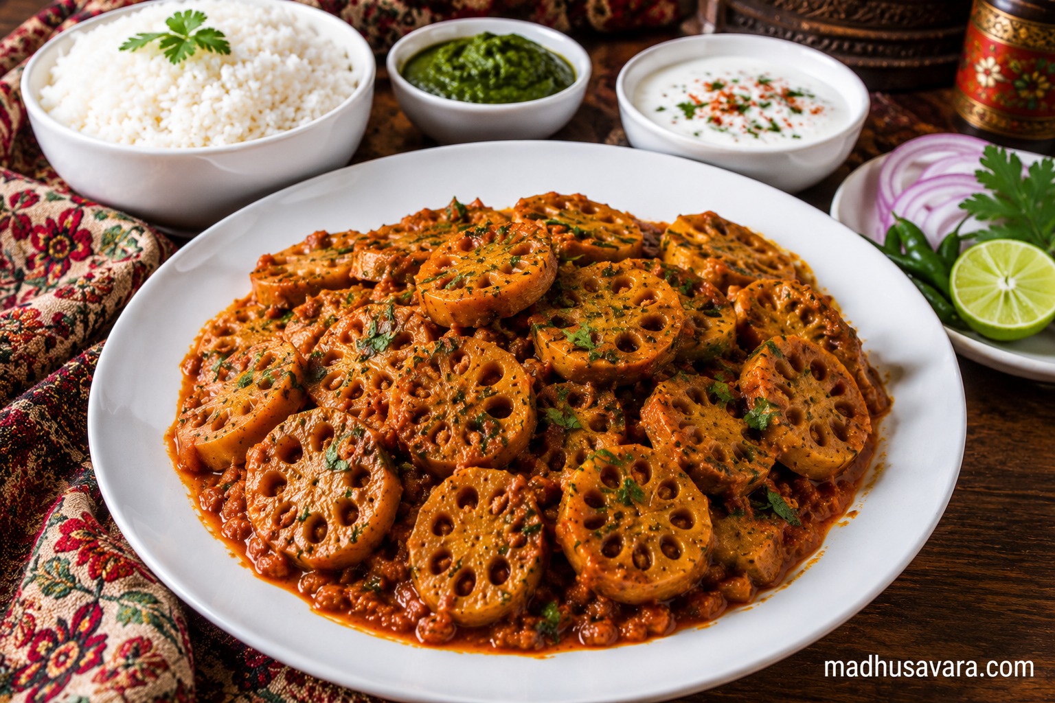 Authentic Kashmiri Nadru served in a white ceramic plate with vibrant golden gravy, tender lotus stem pieces, traditional Kashmiri spices, steamed basmati rice and fresh accompaniments on a rustic wooden table.