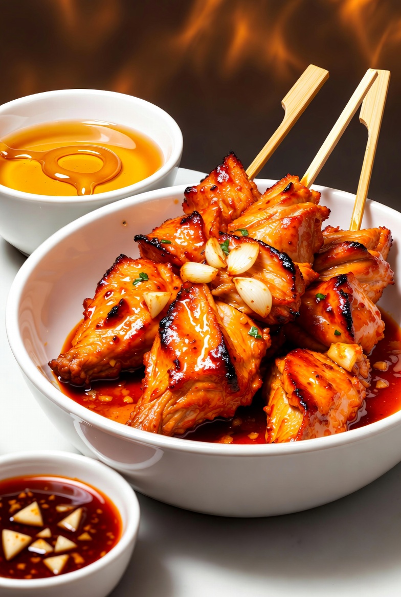 easy hot honey chicken tikka served in a white ceramic bowl, featuring glossy orange-red glazed chicken pieces on bamboo skewers, sprinkled with white sesame seeds and chopped green coriander, surrounded by a pool of shiny hot honey sauce